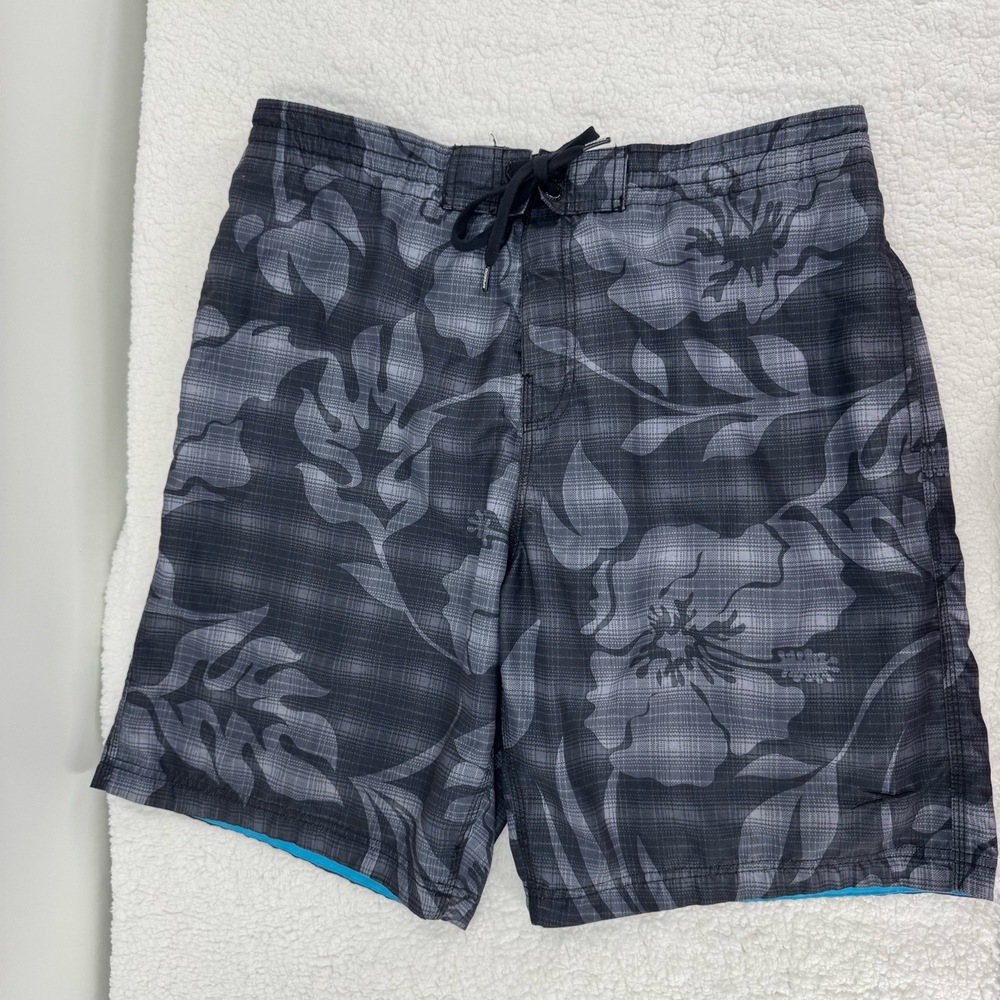 Speedo Black Grey Floral Print Drawstring Waist Quick Dry Swim Trunks Large